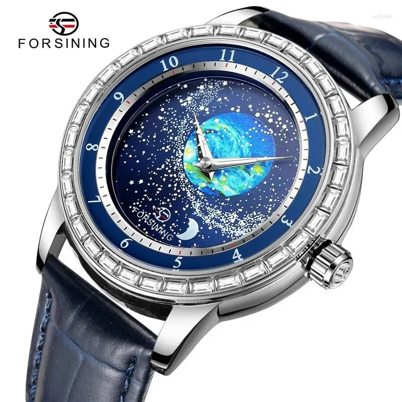 Relógios de pulso Forsining 432E Original Relógio Mecânico Automático para Homens Luxo Diamante Rotacional Céu Estrelado Fase da Lua Relógio de Pulso