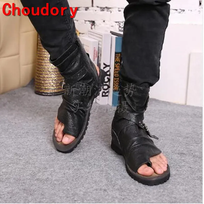 Choudory Summer Toe-KnobMen Sandals Gladiator Men Summer Motorcycle Bootsブラックオープンヒールメンズシューズサイズ38-47ドロップシップ240327