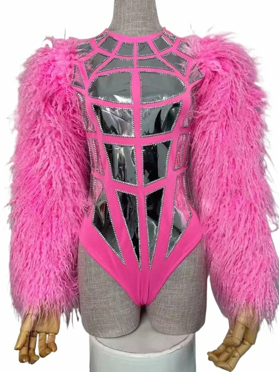 luxury show Bar Nightclub Performance Pink Stage Dance Bodysuit Large Fur Shiny Leather Singer Costume U942#