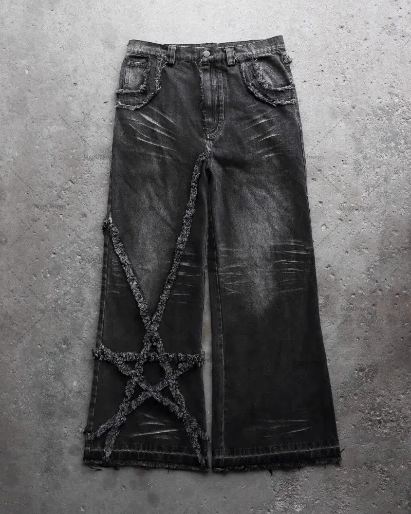 High Street Retro-Jeans mit Sternen und Pelz für Herren, Y2K-Gothic-Harajuku-Mode, hohe Taille, Baggy, lässig, gerades Bein, weites Bein, Hose 240311 240320