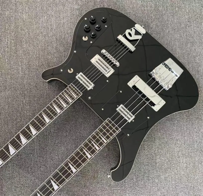 Factory Custom Double Neck Electric Guitar Black Paint 4 String Bass 6 String Guitar Mail2702656