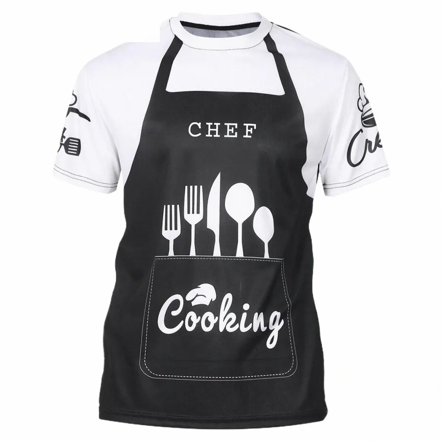 Mens Creative Color Block Printed Chef T-Shirt Restaurant Kitchen Cooks Costume Round Neck Short Sleeve Tee Top C7My#