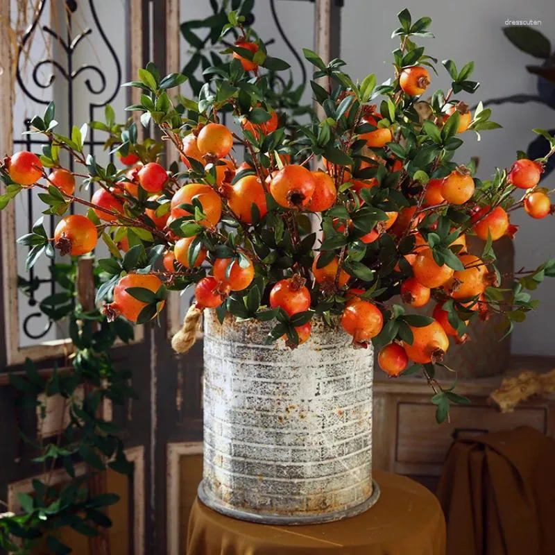 Decorative Flowers Artificial Pomegranate Branch With Leaf Fake Flower Red Plant For Indoor Table Pographic Home Decoration