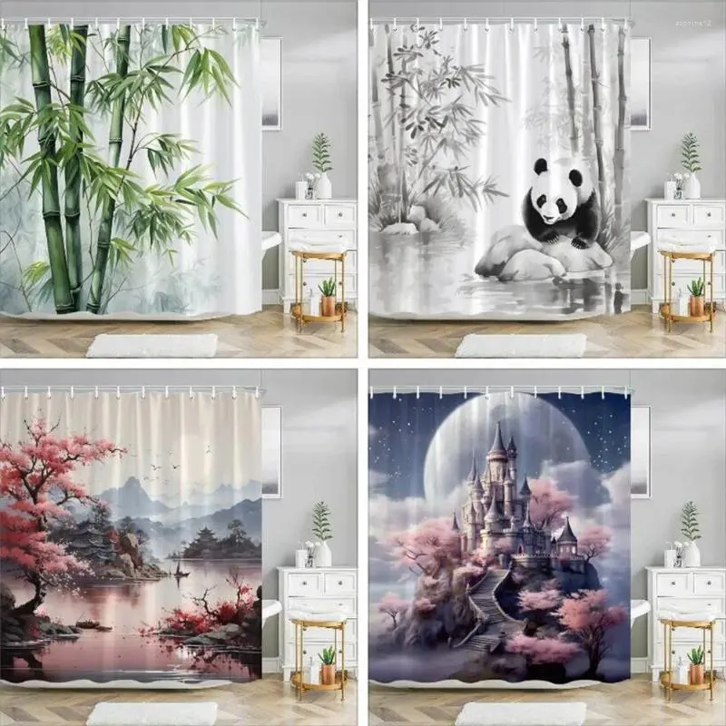 Rideaux de douche Paysage chinois Rideau Encre Peinture Bambou Fleur de cerisier Écriture Décor de salle de bain