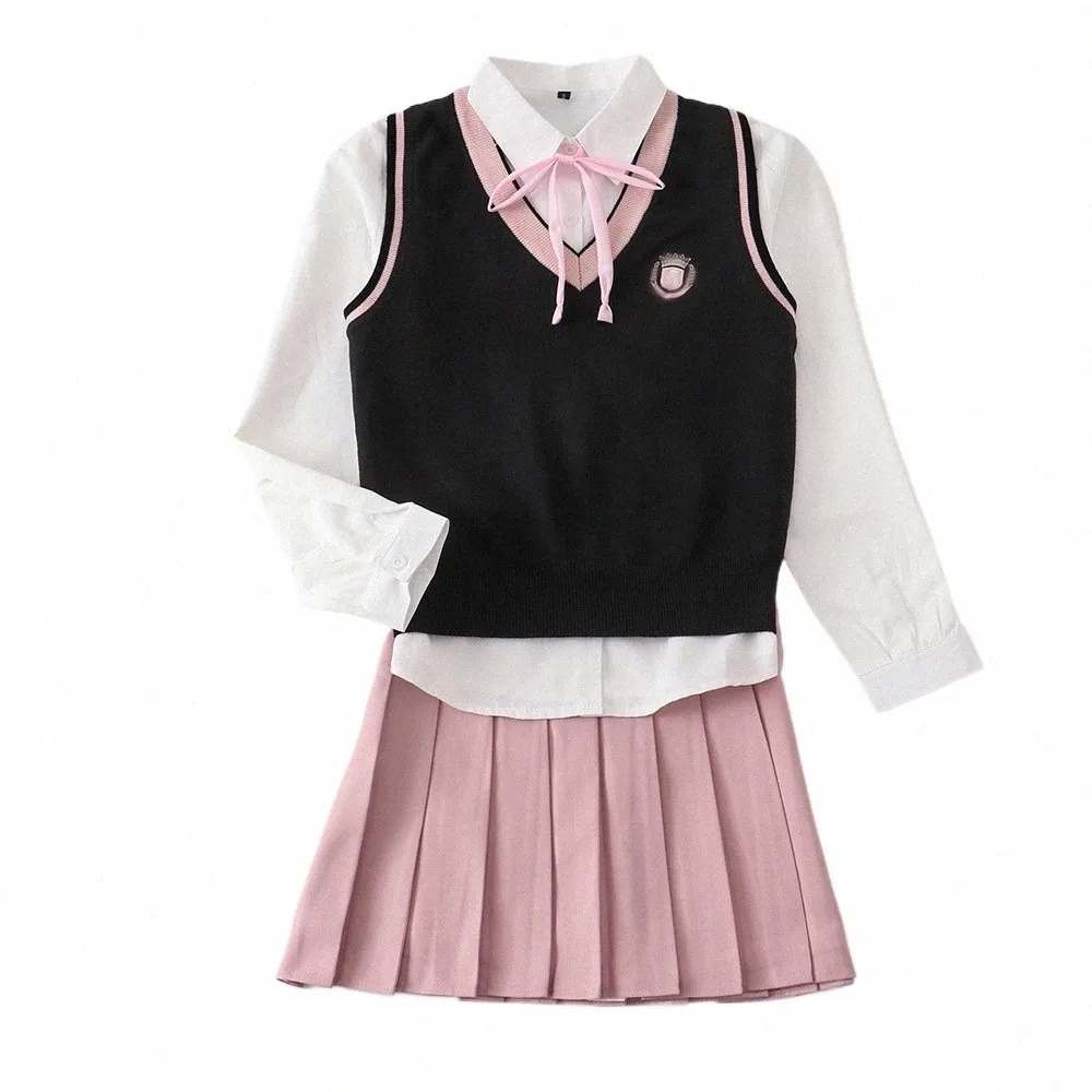 Casual JK Cott V-Ausschnitt Strickweste Rosa Rand Design Pullover Sets Rosa Rock Japanische Schuluniform Anime Cos Kostüme Frauen d5MF #