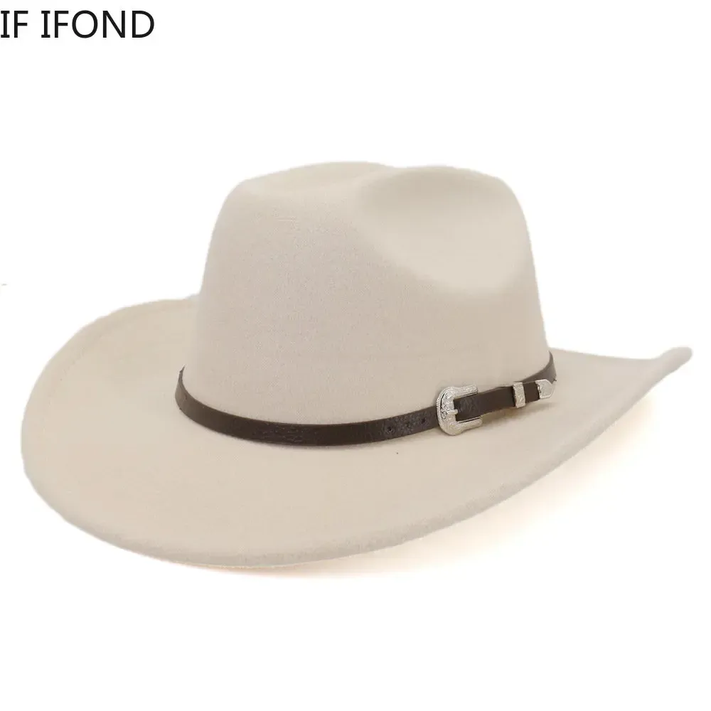 Women & Men Felt Western Cowboy Hat Classic Roll Up Brim Belt Buckle Cowgirl Fedora (M-L) At Women’s Clothing Store