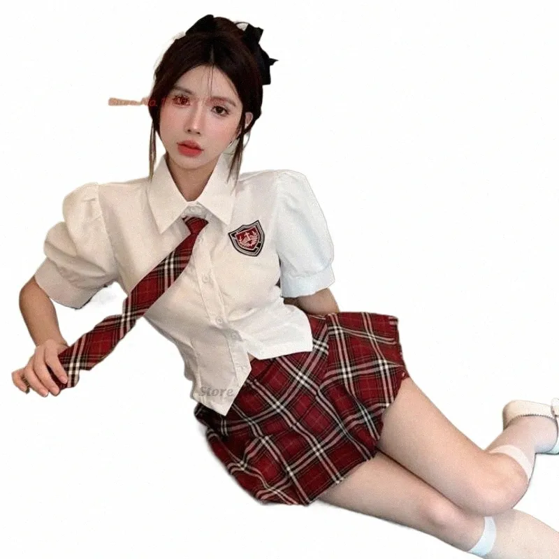 2024 Girl School Mundur Set Codziennie JK mundury bluzka+ łuk+ plisowana spódnica w talii chińska słodka i pikantna dziewczyna streetwear e0ep#
