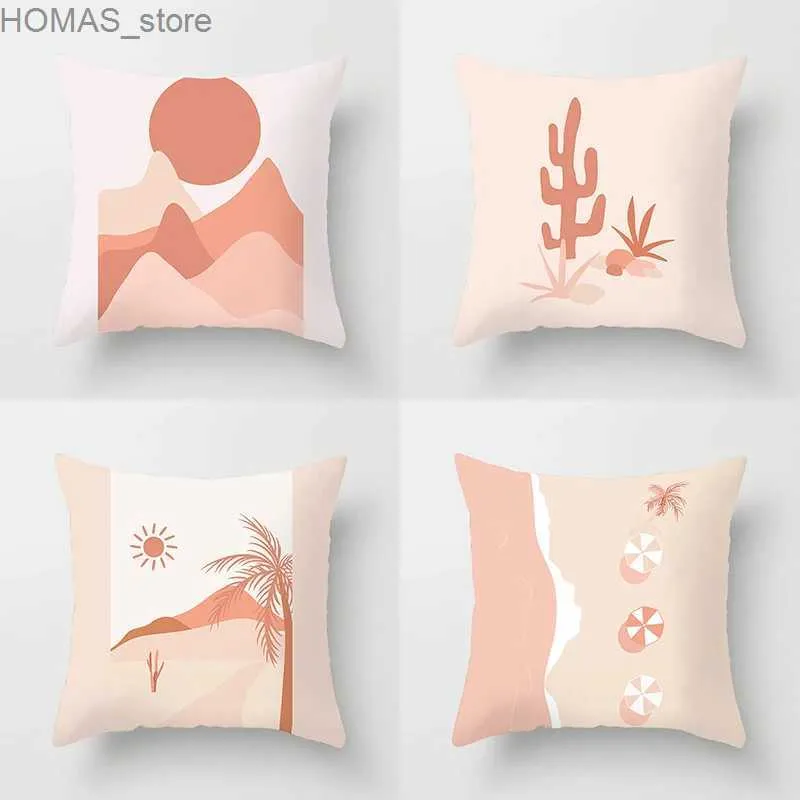 Pillow 45x45cm New Geometric Abstract Flower Leaf Cushion Cover Desert Sunrise Cactus Living Room Sofa Car Home Decoration Y240401