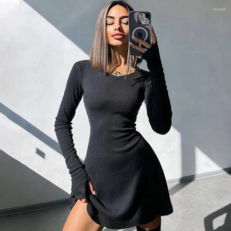 Vestidos casuais mulheres elegante malha preta mini vestido streetwear chique sexy sem costas manga completa 90s vintage y2k roupas