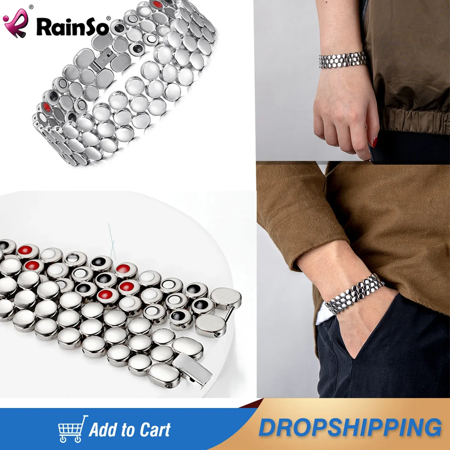 Bracelets Bracelet magnétique de luxe Rainso Homme Bio Bio Energy Bijoux en acier inoxydable Bracelet