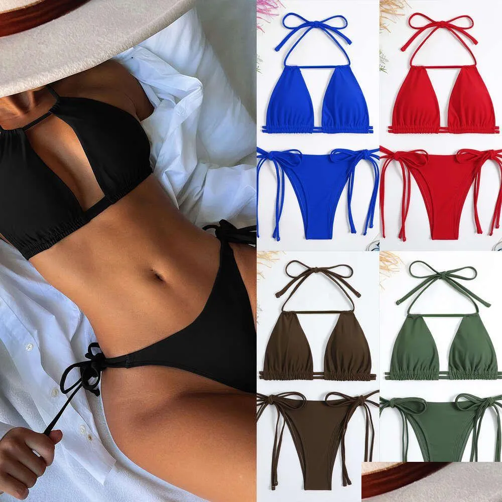 Women'S Swimwear 2024 New Single Bikini Solid Color Y Womens Split Tie Up Swimsuit Drop Delivery Apparel Clothing Otayd