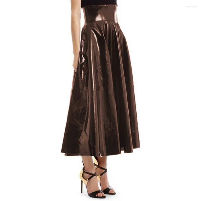 Jupes Mode taille haute plissée jupe longue femmes Vintage fermeture éclair dos évasé Midi brillant PVC cuir solide robe trapèze Streetwear