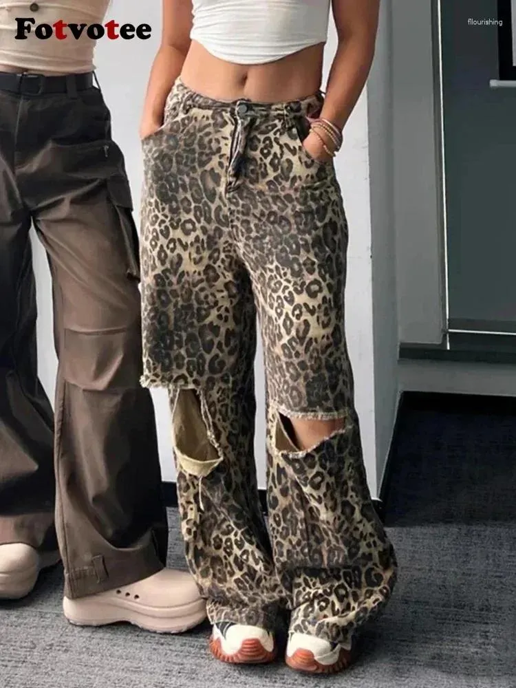 Женские джинсы Fovotee с рваными леопардовыми принтами для женщин, широкие брюки в стиле ретро, весна-лето 2024, уличная одежда большого размера, джинсовая прямая