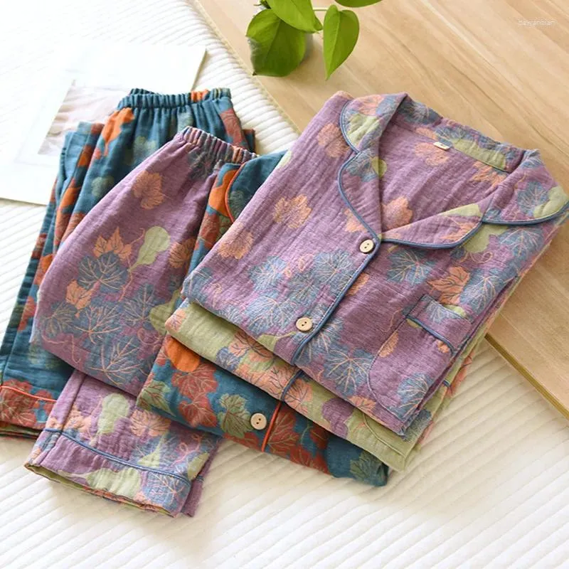 家庭用衣類コットンヴィンテージパジャマ2ピースセット女性用長袖パンツ2024春と秋のウェアプリントナイトウェア