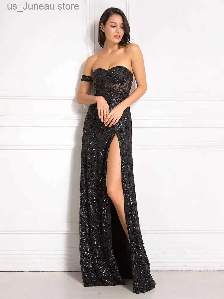 Grundlegende Freizeitkleider, schulterfrei, glitzernd, bodenlang, geteiltes Party-Maxikleid, vollständig gefüttert, gepolstert, rückenfrei, langes schwarzes Kleid T240330