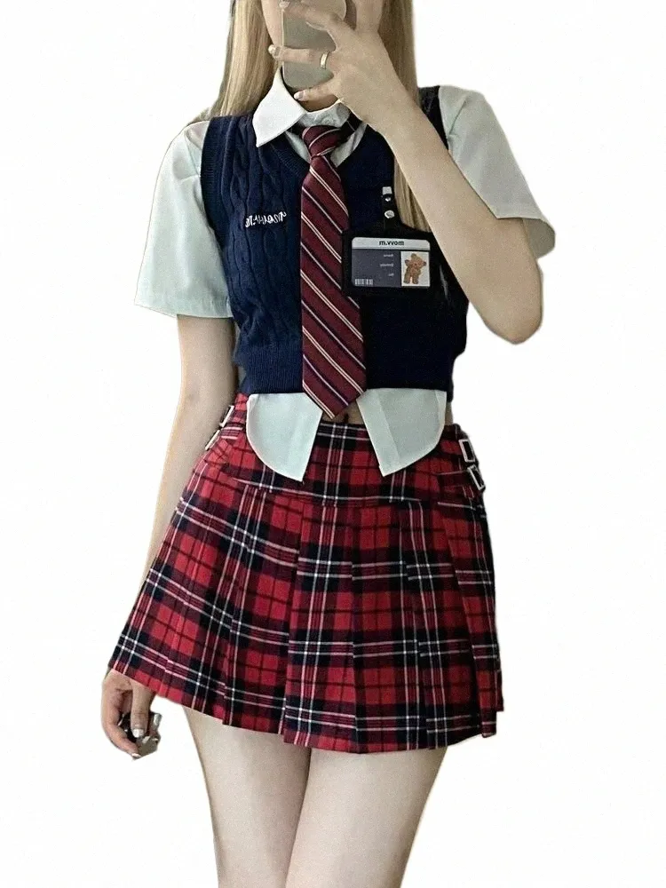 Kawaii School Uniform Set Japanese Anime Cosplay, Korean Style V-Neck  Sweater Vest Mini Skirt Outfit Cute Student Girl Costume