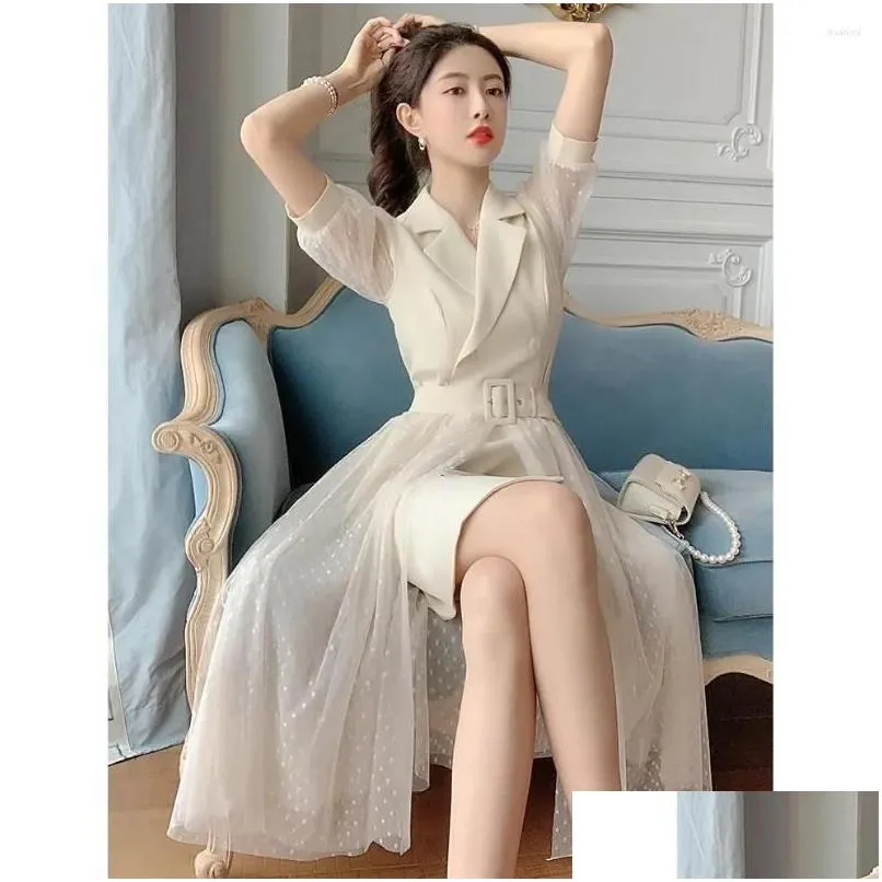 Basic Casual Dresses Summer Womens Chiffion Button Blazer Dress Office Causal Lady Fashion Y See Through Sleeve Drop Delivery Apparel Otmj5