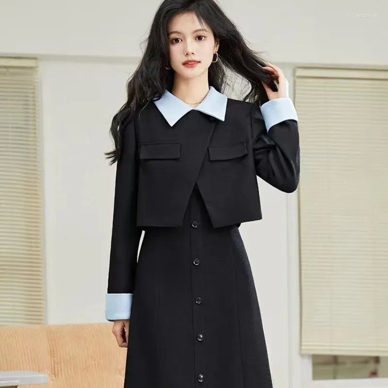 Work Dresses Temperament Fashion Polo Neck Vest Dress Jacket Two-piece Set Women Single Breasted Korean Sleeveless Slim Spring Patchwork
