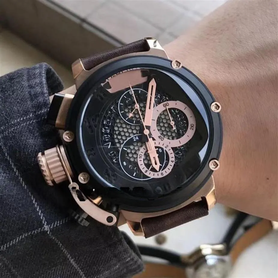 Economico per mancini 50mm U-51 U51 Chimera Bronze 7474 scheletro quadrante nero cronografo al quarzo orologio da uomo cinturino in pelle oro rosa Spor300r