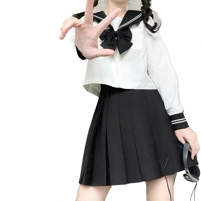 Fille Black School Ensembles Carto Costume Japonais Sailor S-2XL Marine Basic Femmes Uniforme Costume X5iF #