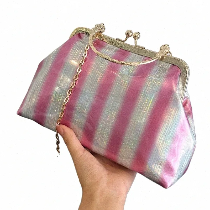 2023 Nouveau Fi Femmes Stripe Soirée Embrayage Vintage Femme Sacs à main Kiss Lock Shell Clip Sacs à bandoulière Chaîne Menger Sacs B1r8 #