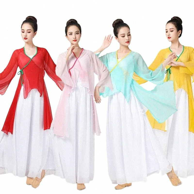 solid Color Chiff Elegant V-neck Suit Bandage Woman Dance Costume Hanfu Women Chinese Traditial Classical Tops Oriental 6XL y3FF#