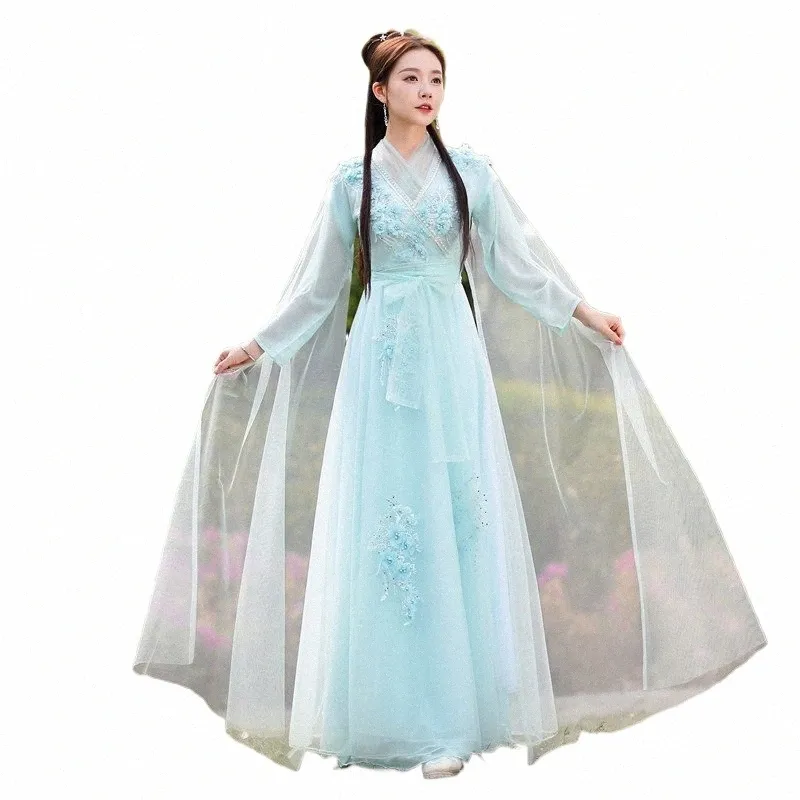 Kinesisk stil Fairy Elegant Guzheng Costumes Female Classical Dance Costume Chinese Folk Hanfu Performance Clothing SL5099 V5M5#