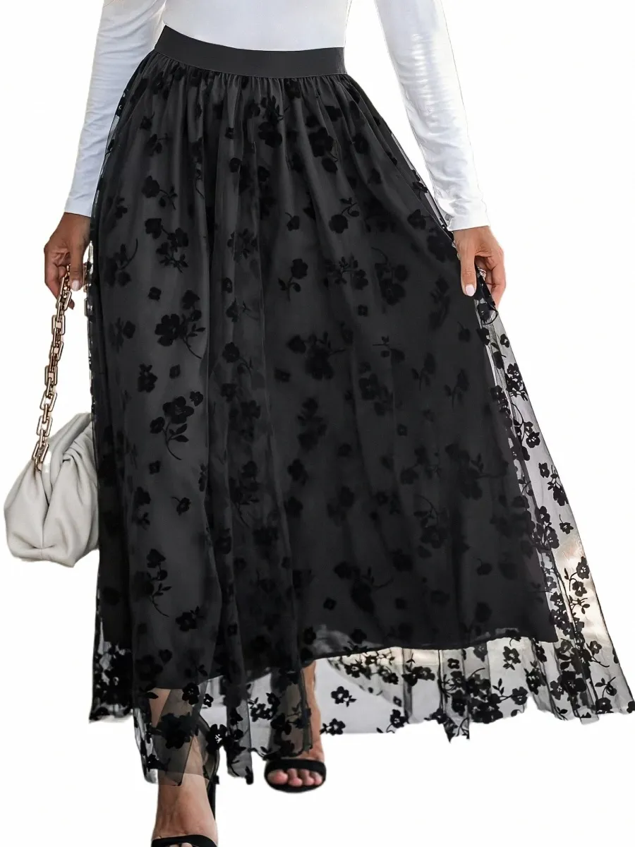 Parara plus size kvinnors eleganta kjol, blommigt tryck elastiskt höghöjande nät överlägg maxi kjolar för kvinnor t9do#