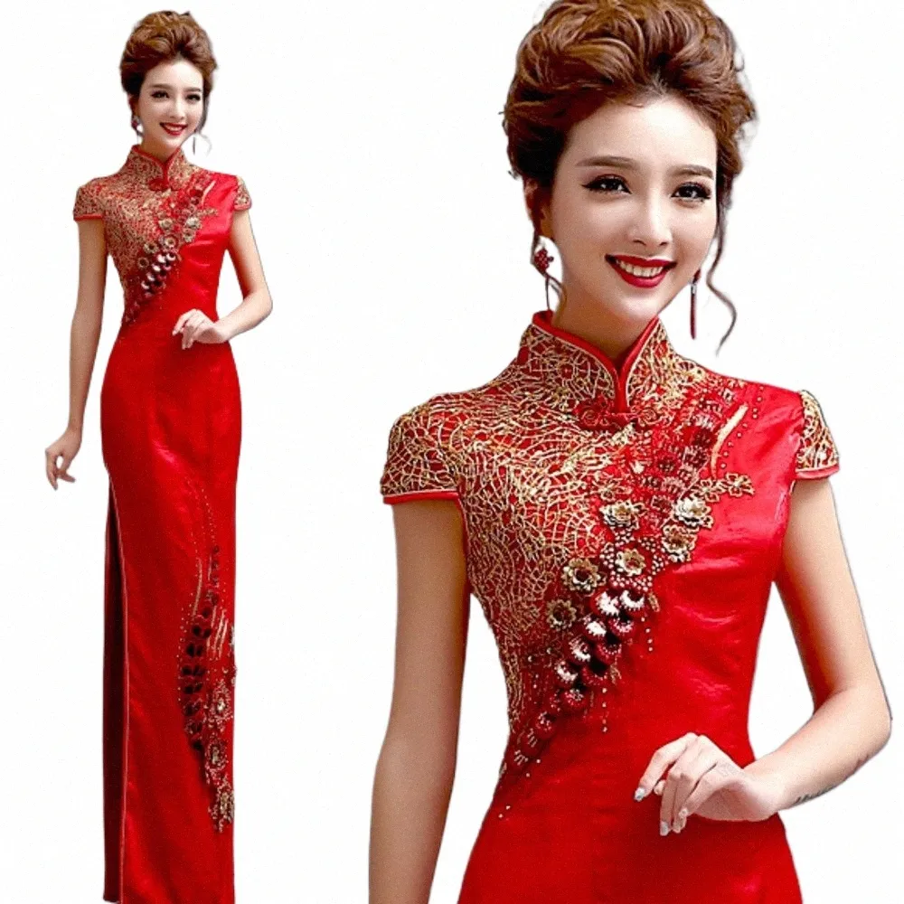 kinesiska nyår kvinnor kläder brud sjöjungfru svans lg dr röd chegsam qipao bröllop plus storlek kvinna kväll drag phoenix c1lv#