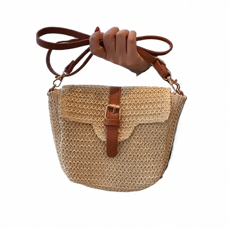 Bolso trenzado de paja de diseño fi, bolso de hombro tipo bandolera con costuras de cuero Popular para mujer, bolso diario tejido de verano G691 # 2023