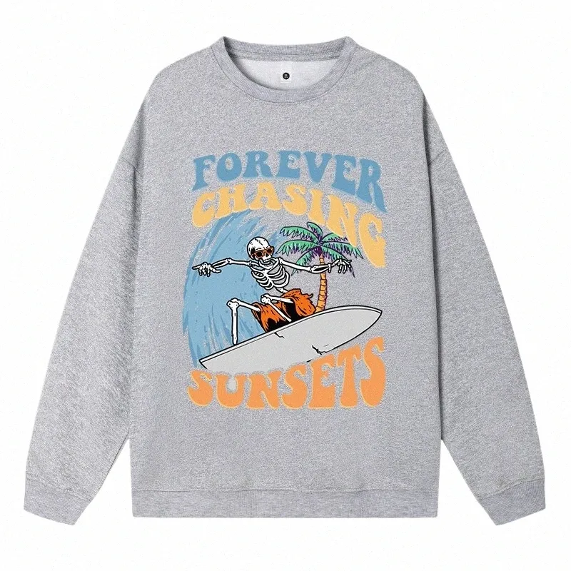 Casual Plus Taille Femmes Pulls Forever Chasing Sunsets Fun Motif Impression Sweat à capuche Lâche Crewneck Sweatshirts Chaud Polaire Tops w4Px #