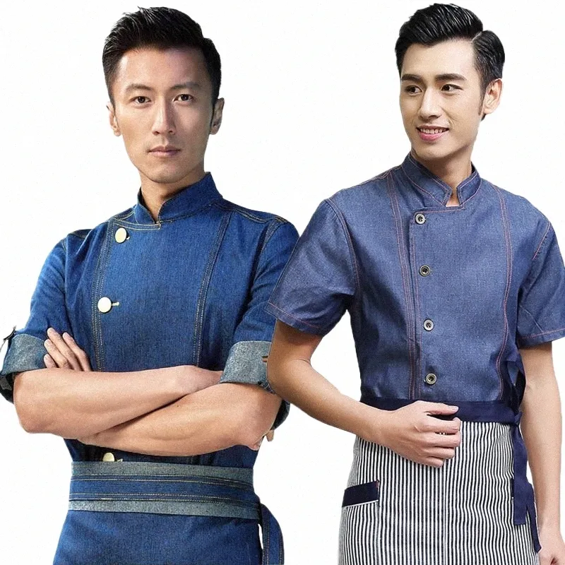 Hotel Restaurante Cozinha Uniforme Manga Curta Colorfast e Shrink Resistente Denim Chef Uniforme Cook Chef Jacket B-6006 a5vx #