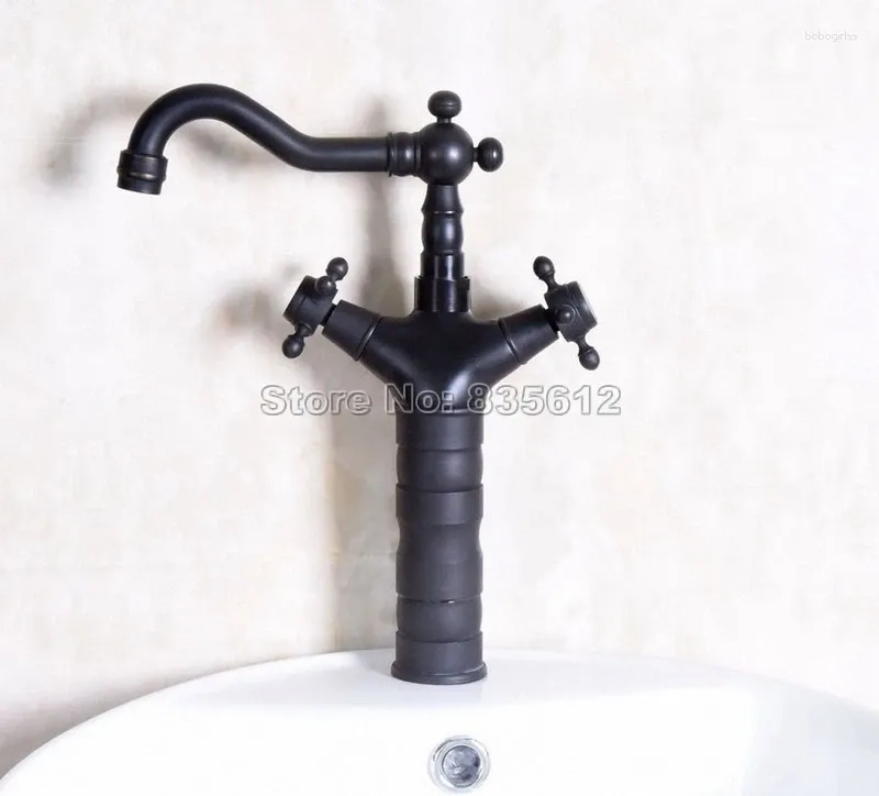Rubinetti per lavandino del bagno Rubinetto per lavabo con doppia maniglia in bronzo lucidato a olio nero Miscelatore per lavabo con beccuccio girevole montato su piattaforma Wnf138