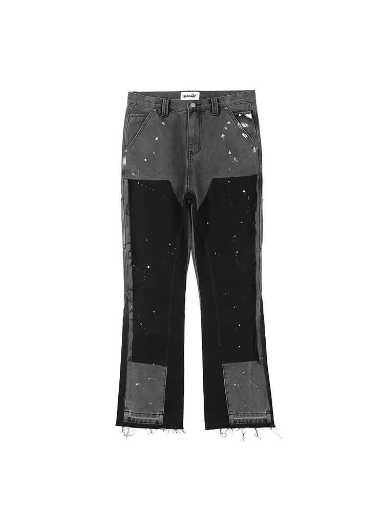 Men's Jeans Decal Y2K mens pocket jeans streetwear speckled ink color matching angry edges mini oversized loose fitting item denim Trousers J240328