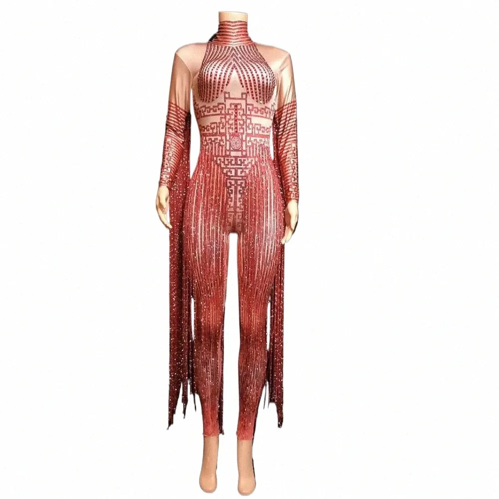 Red Rhinestone Fringe Jumpsuit Womens Long Sleeve Stretch