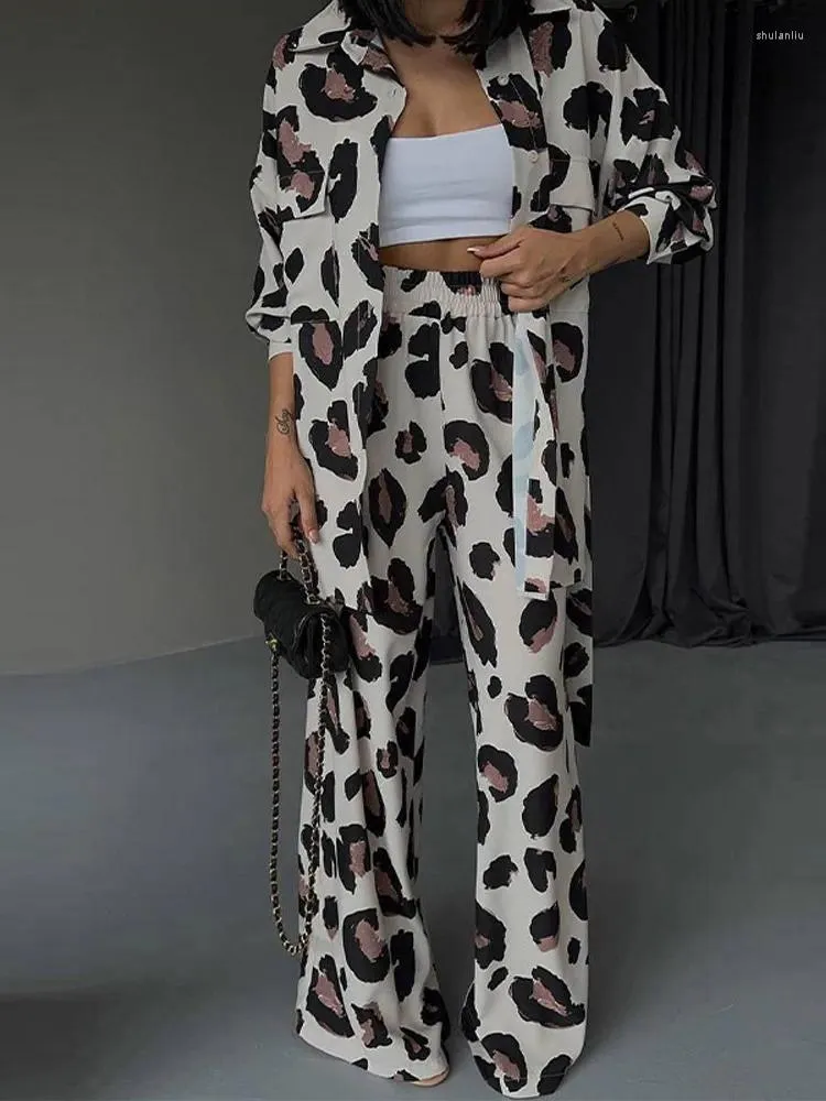 Women's Two Piece Pants Fashion Leopard Printed Shirt Trousers Suit Women 2024 Spring Turn-down Collar Long Sleeved Shirts Slim Female