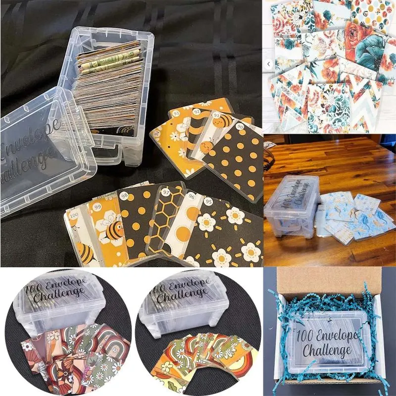 Garrafas de armazenamento 100 Envelope Challenge Box Set Saving Kit Uma maneira divertida de rastrear e alcançar 12 financeiros com tampas