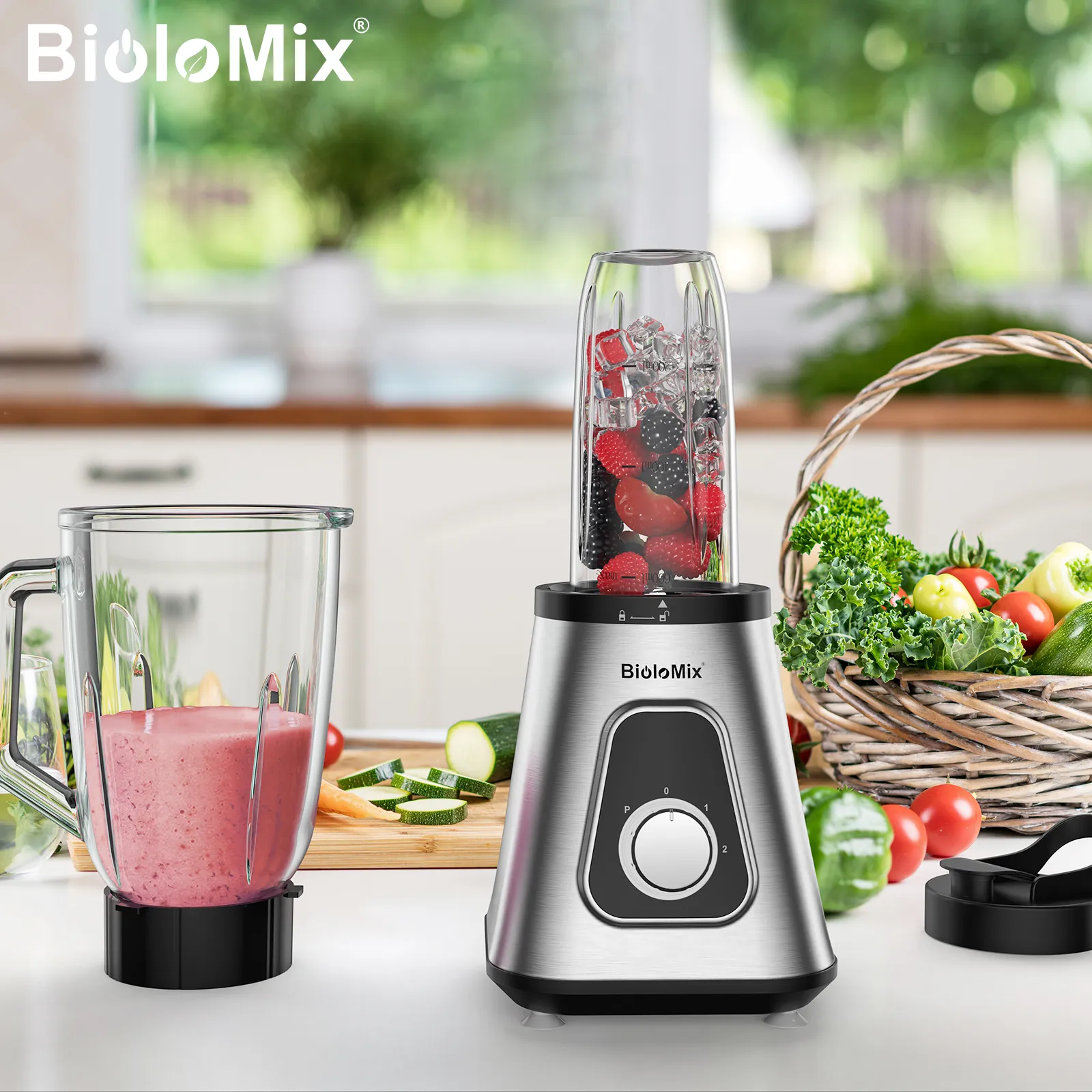 ミキサー　Biolomix 1300wスージーブレンダー、1.5lガラスジャー BioloMix 1300W Smoothie Blender with 1.5L Glass Jar for Frozen