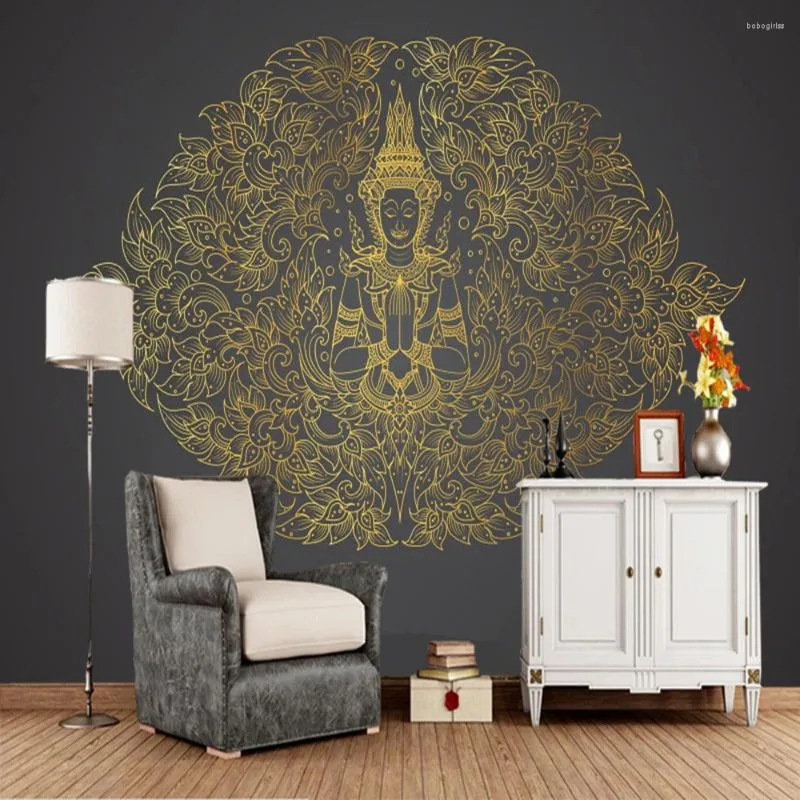 Fonds d'écran Papel De Parede motif ethnique thaïlandais bouddha rétro 3d papier peint salon TV canapé mur chambre Restaurant Mural