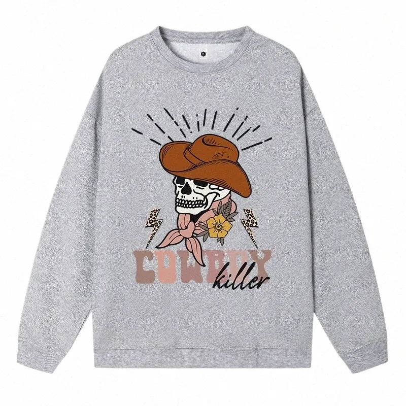 fi Plus Size Mulher Pulôver Crânio Cowboy Com Chapéu E Pescoço Impressão Hoodies Crewneck Fleece Moletom Roupas Confortáveis y0Z0 #