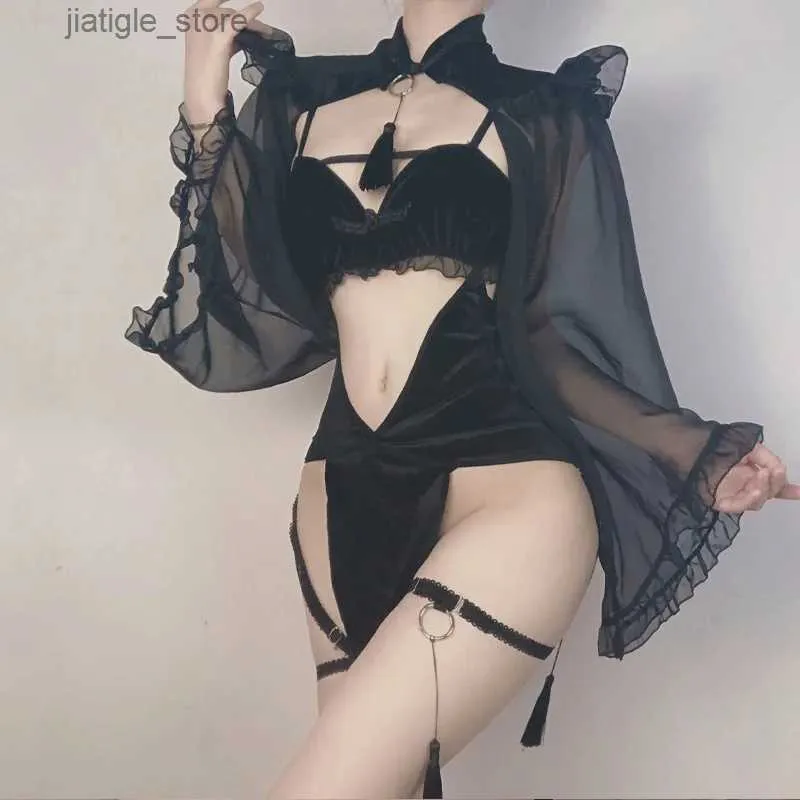 Sexy Set Dark Witch Halloween Anime Cosplau Costumes Women Erotic Sexy Lingerie Love Game Hollow Temptation High Split Nightgowns 2023 Y240329