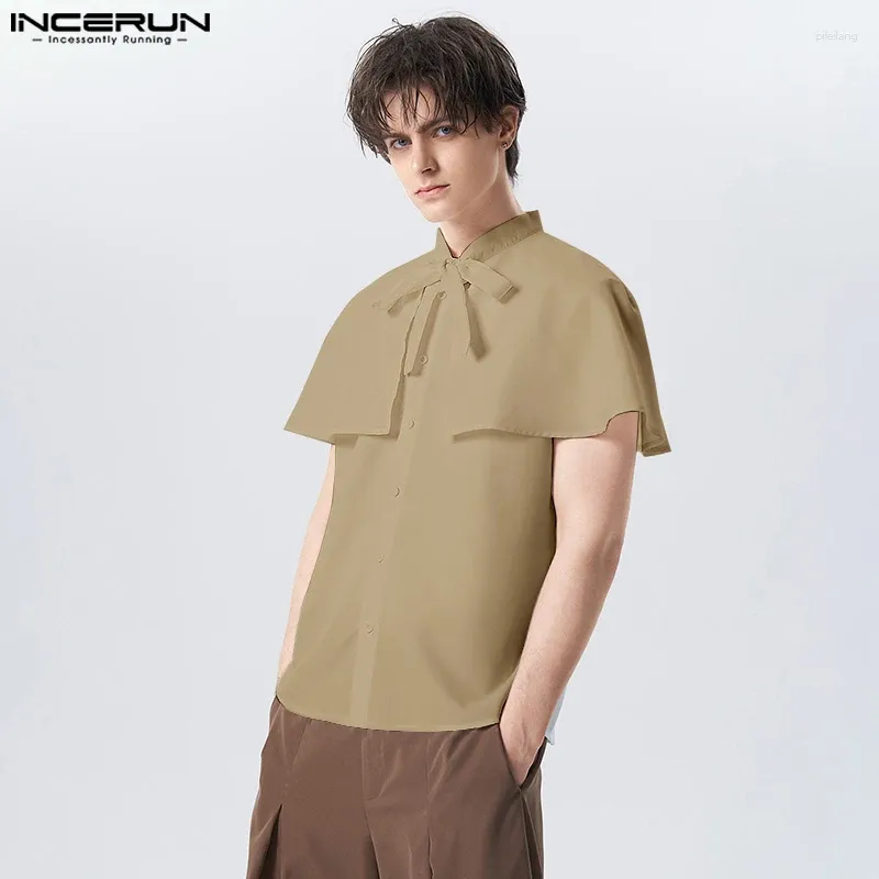 남자 캐주얼 셔츠 Incerun 남자 셔츠 셔츠 단색 스탠드 스탠드 칼라 짧은 슬리브 넥타이 패션 의류 스트리트웨어 2024 cloak s-5xl