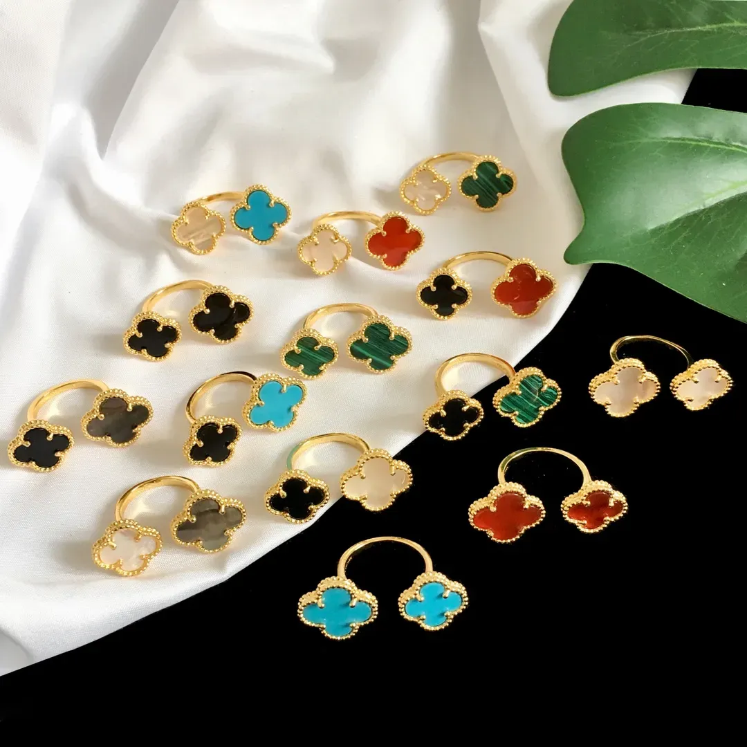 العلامة التجارية الفاخرة Van Clover Ring Fashion مزدوجة زهرة العقيق خاتم الذهب 18 كيلو جولد مصمم مجوهرات للنساء مع صندوق