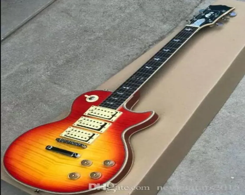 Custom Shop Ace Frehley Budokan Signature Cherry Sunburst Flame Top in acero Chitarra elettrica Tre pickup Fulmine Intarsio In 6365228