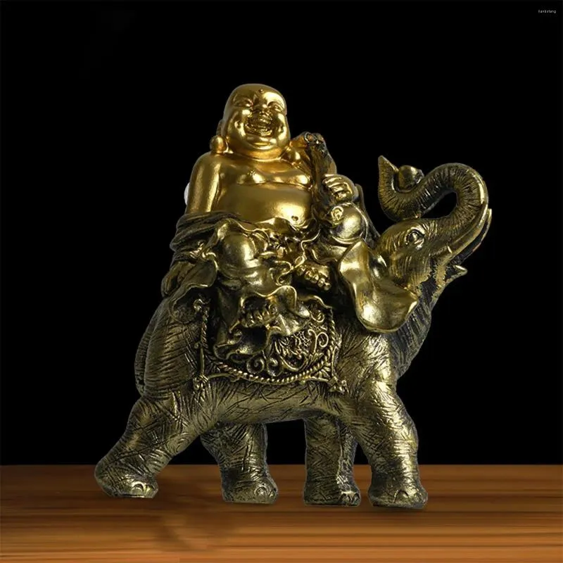 Statuette decorative Buddha che ride cavalcando un elefante Statua fatta a mano Maitreya Feng Shui Scultura Regali per scrivania Sala da tè Arredamento camera da letto