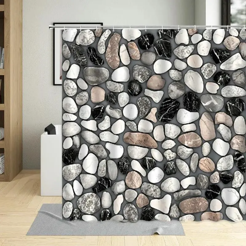 シャワーカーテンモダンな幾何学カーテンスクエアラウンドストーン石畳の石畳の印刷風水壁飾りフック付き