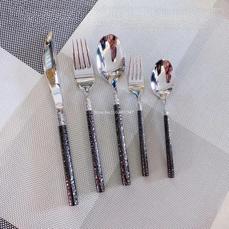 Черные чайные ложки, 5 шт., черная ресторанная посуда, нож, вилка и ложка, набор с круглой ручкой в западном стиле