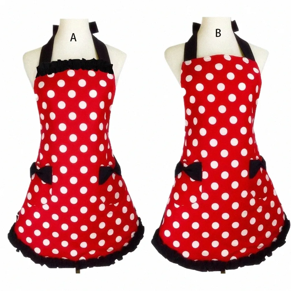 Mooie schattige rode zwarte retro polka dot ruche side sexy keuken koken apr met bowknot pocket cadeau voor vrouwen meisjes c1a21 w8o5#