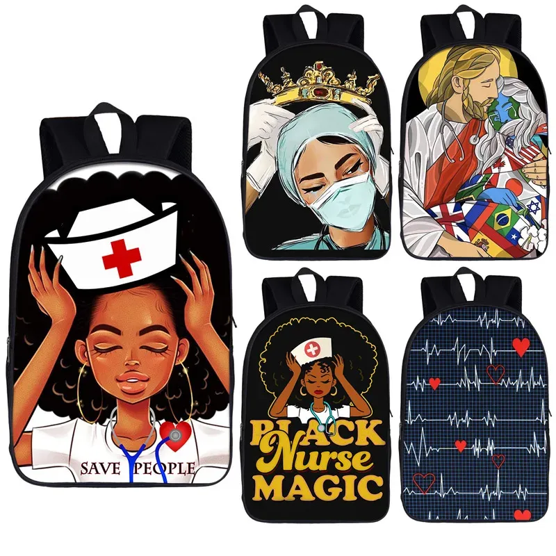 Taschen Schwarze Krankenschwester mit Crown -Rucksack für Teenager Mädchen Kinder Kinder Schultaschen Afro Frauen Leinwand Reisen Reisetasche Student Student BABACK KID BUCHBACHE