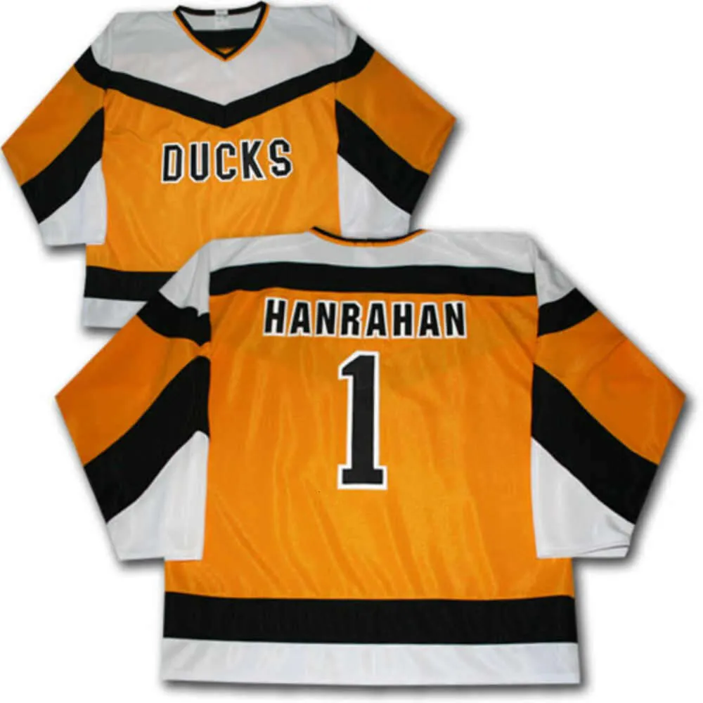 24s Slap Shot Movie Ducks #1 Hanrahan Ice Hockey Jersey Mens Brodery Stitched Anpassa valfritt nummer och namntröjor